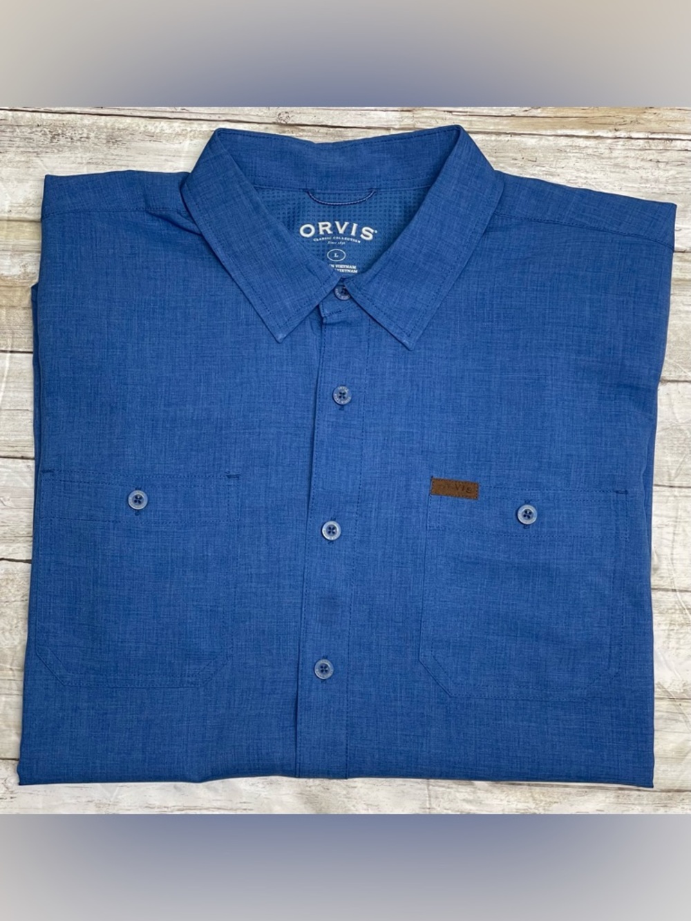 Orvis Men's Button Up Shirt Blue Short Sleeve Pockets Classic Collection Large